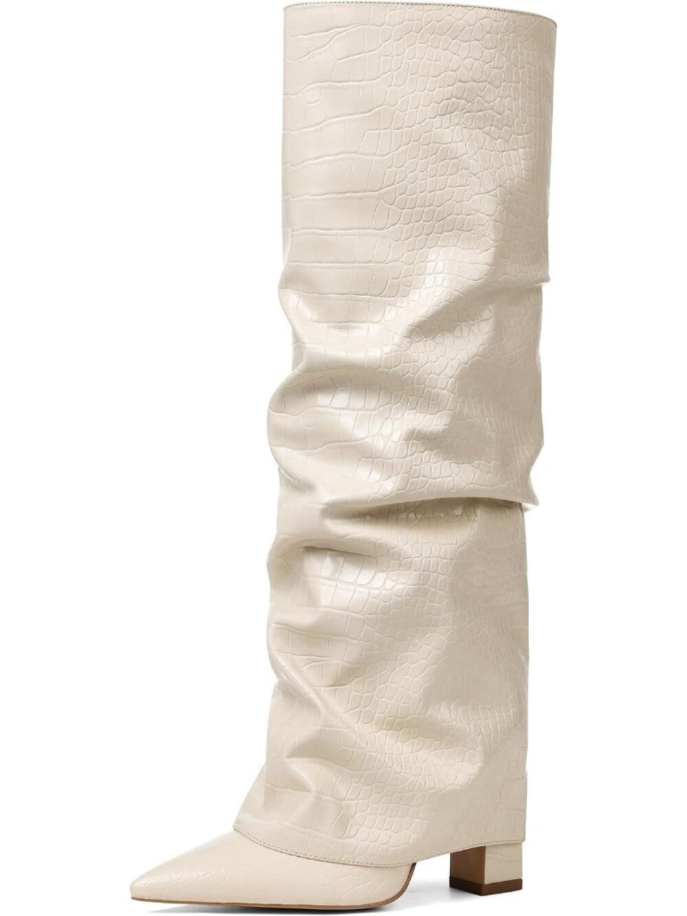 Women's White Pointed Toe Fold Over Solid Chunky Shark Slouchy Knee High Boot